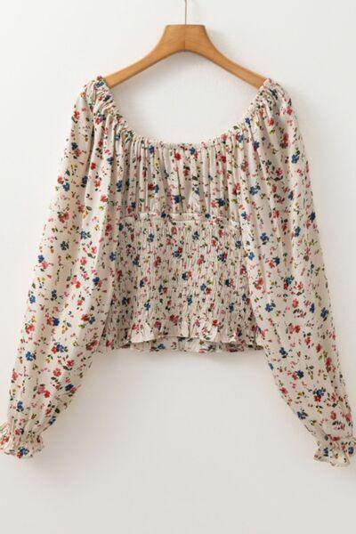 Ruched Printed Scoop Neck Long Sleeve Blouse for Women - Selvanelle