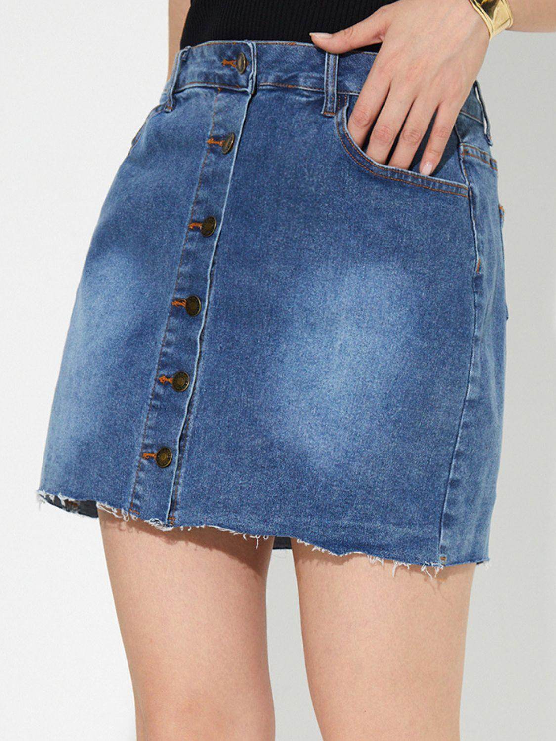 Pocketed Button Up Denim Skirt for Casual Chic Style - Selvanelle