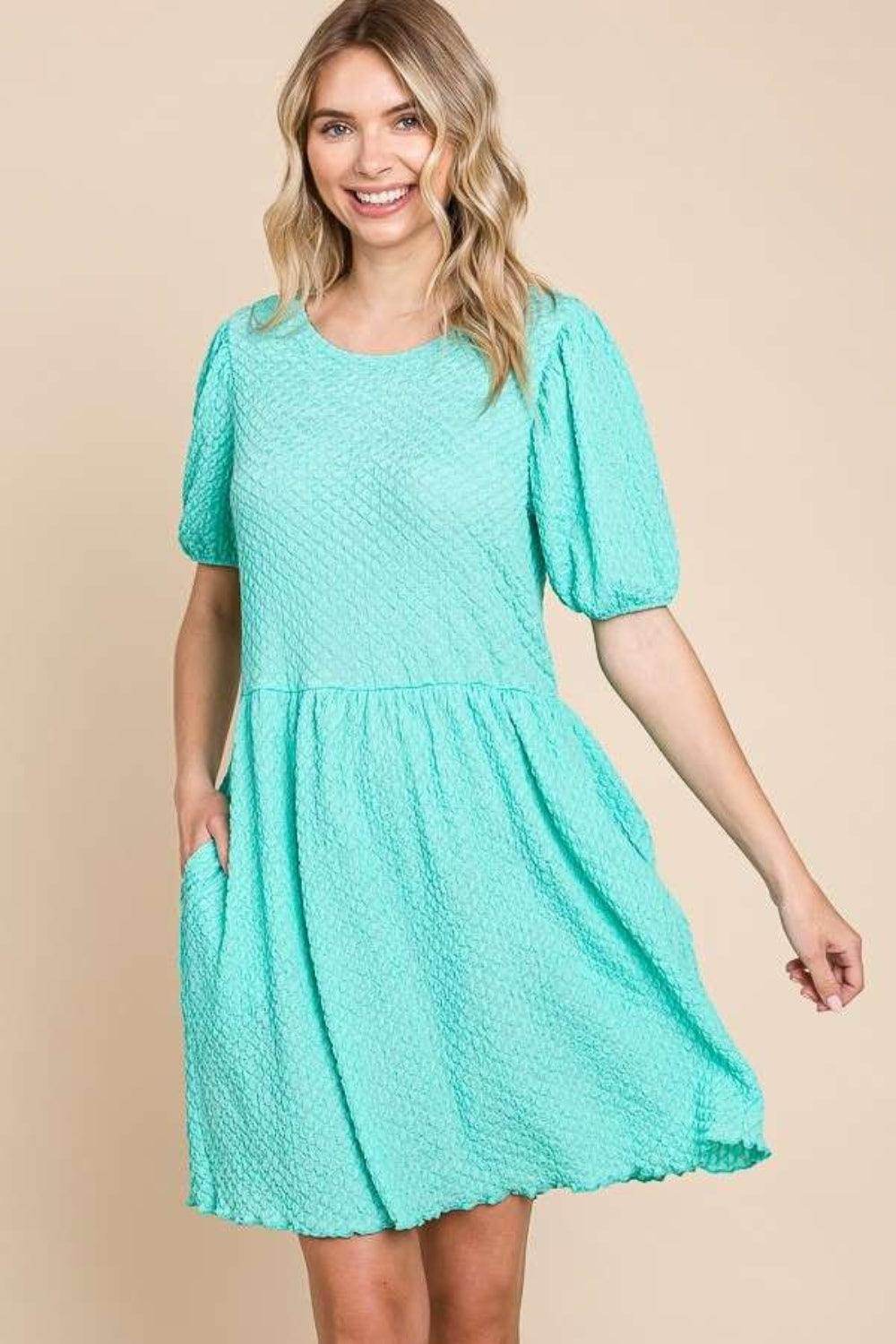 Culture Code Full Size Textured Round Neck Puff Sleeve Dress - Selvanelle