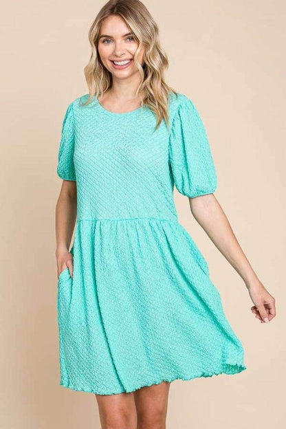 Culture Code Full Size Textured Round Neck Puff Sleeve Dress - Selvanelle