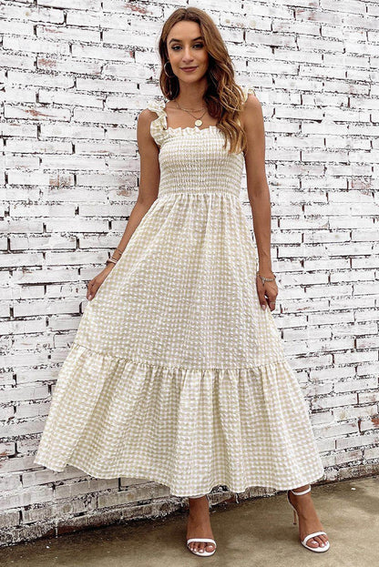 Plaid Ruffle Strap Square Neck Dress for Casual Style - Selvanelle