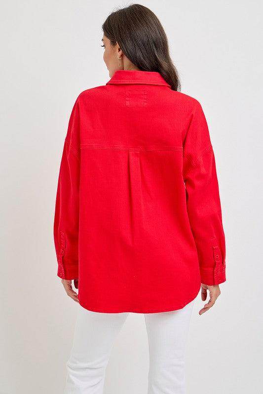 RISEN Button Down Long Sleeve Denim Shacket with Chest Pockets - Selvanelle