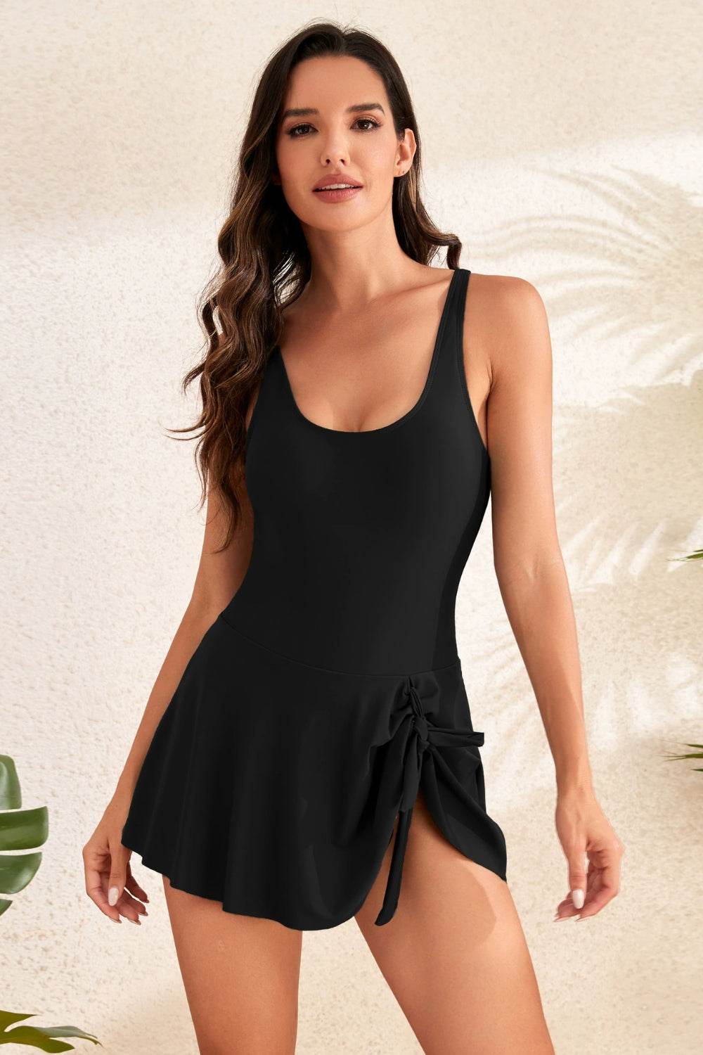 Drawstring Scoop Neck Wide Strap One-Piece Swimwear - Selvanelle