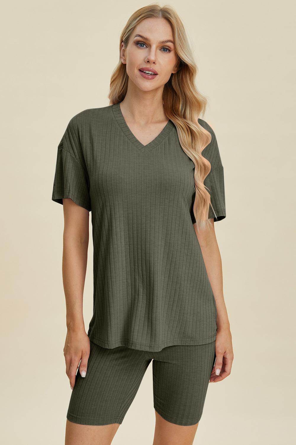 Basic Bae Full Size Ribbed V-Neck Top and Shorts Set For Women - Selvanelle
