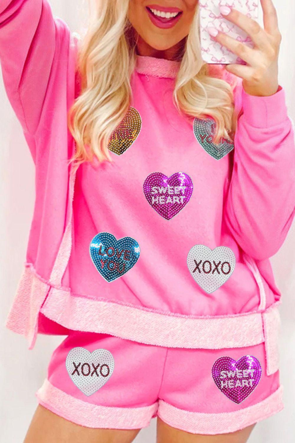 Sequin Heart Round Neck Top and Shorts Set for Women