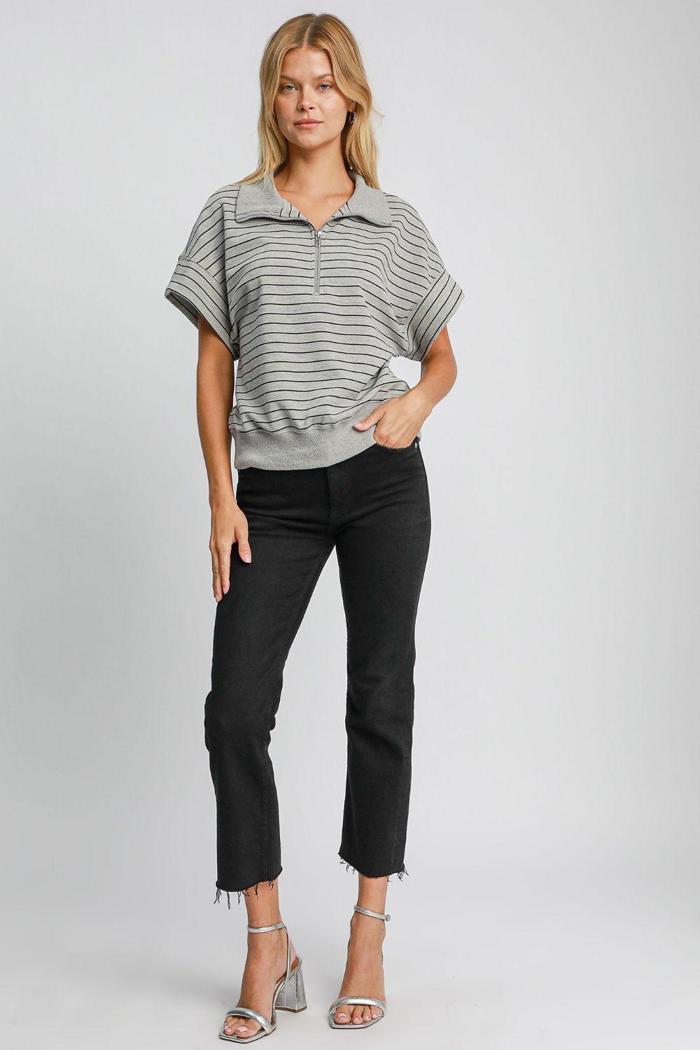 Umgee Striped Half Zip Short Sleeve Sweatshirt for Women