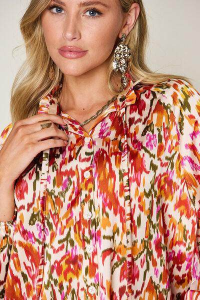 Double Take Full Size Printed Button Up Long Sleeve Shirt - Selvanelle