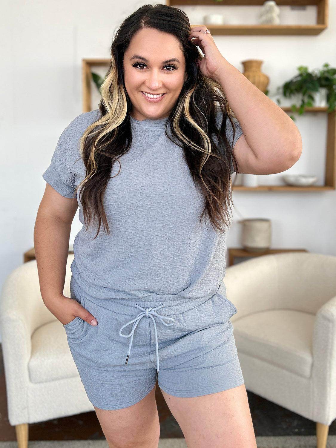 Double Take Full Size Texture Short Sleeve T-Shirt and Drawstring Shorts Set - Selvanelle