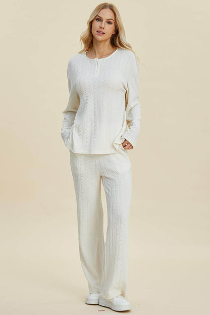 Double Take Full Size Cable-Knit Long Sleeve Top Pants Set - Selvanelle