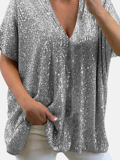Full Size Sequin V-Neck Short Sleeve Top for Women - Selvanelle