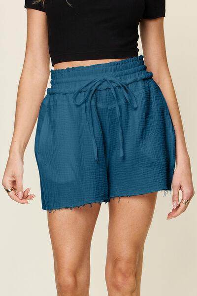 Double Take Full Size Texture Raw Trim Drawstring Shorts - Selvanelle