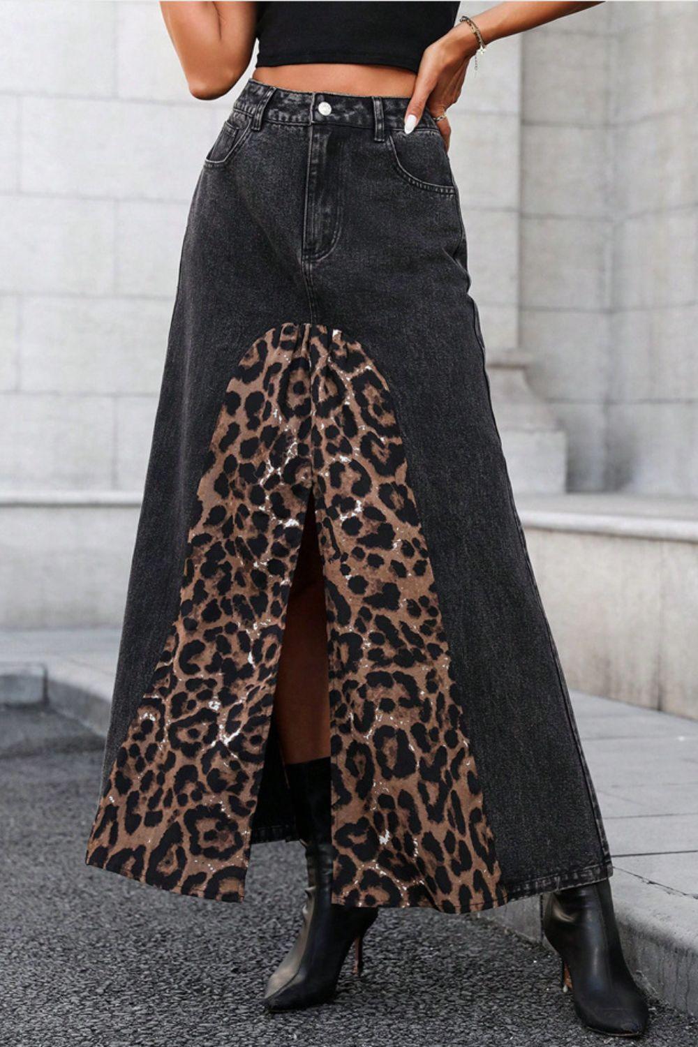 Slit Leopard Midi Denim Skirt for Trendy Casual Style