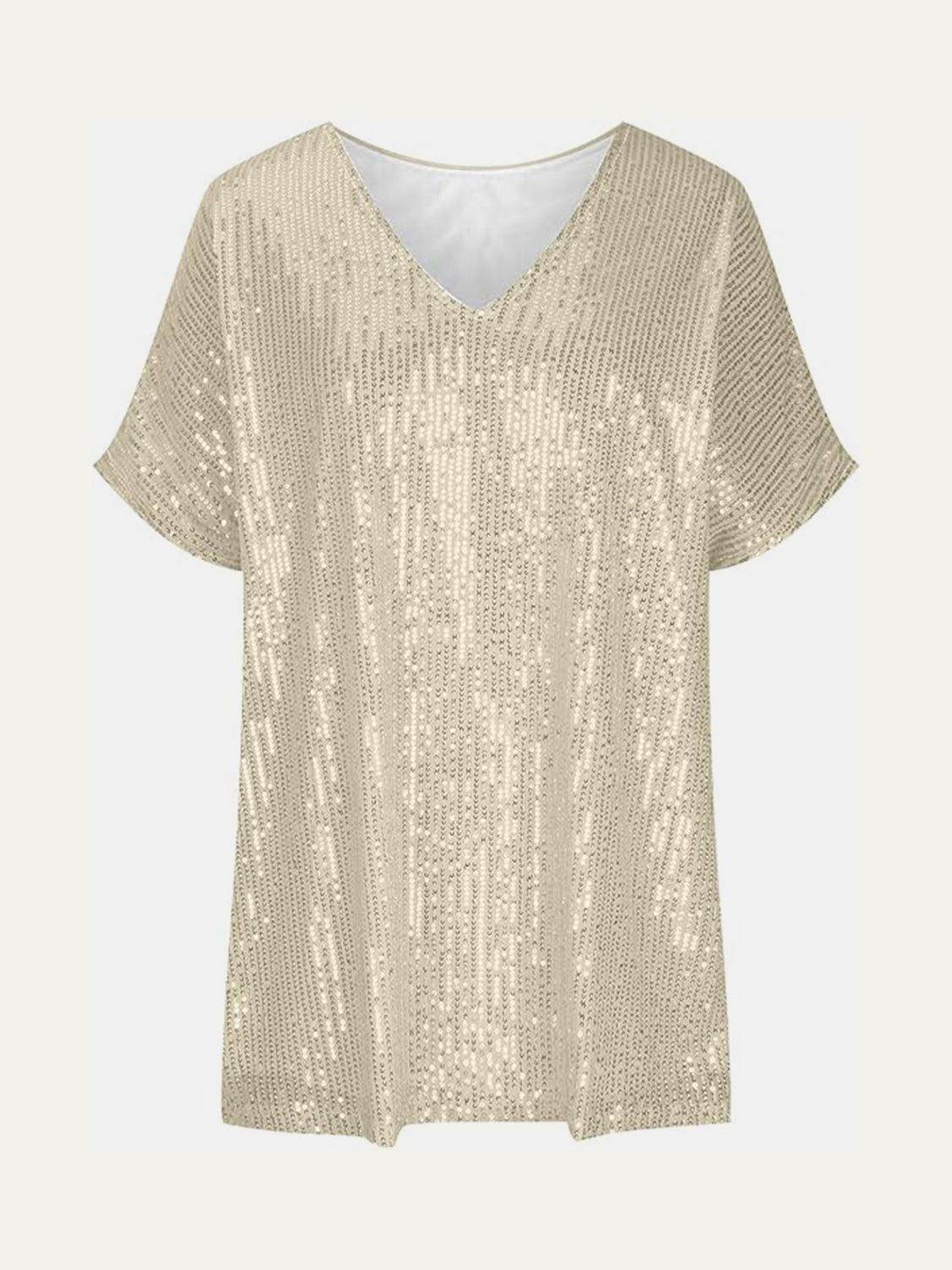 Full Size Sequin V-Neck Short Sleeve Top for Women - Selvanelle