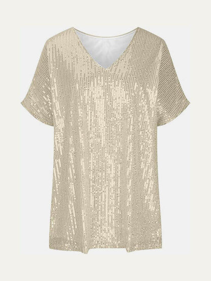 Full Size Sequin V-Neck Short Sleeve Top for Women - Selvanelle