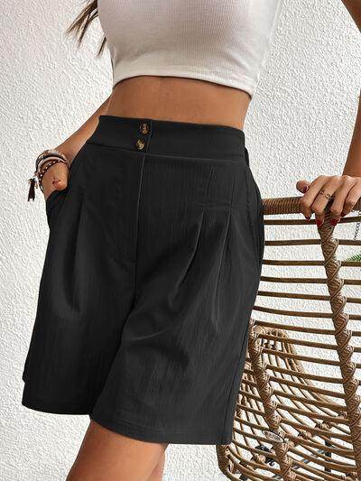 Pocketed Half Elastic Waist Shorts with Side Pockets - Selvanelle