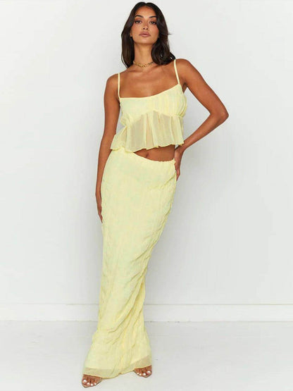 Square Neck Sleeveless Top and Ruched Skirt Set for Women - Selvanelle