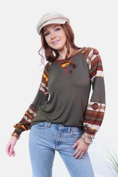 Celeste Full Size Geometric Round Neck Long Sleeve Top - Selvanelle