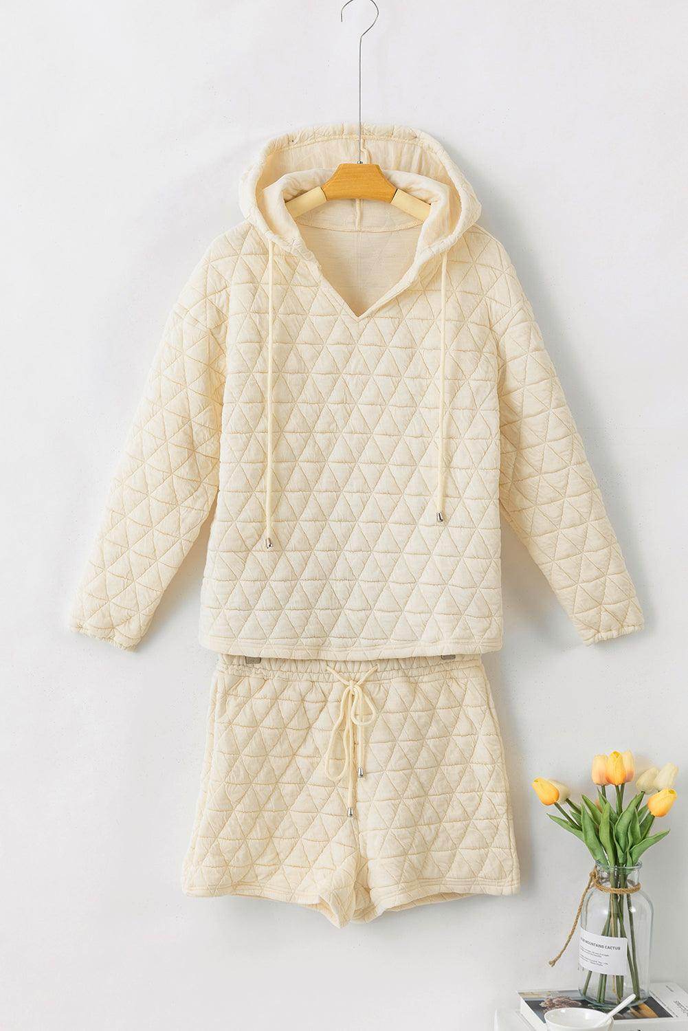 Drawstring Quilted Hooded Top and Shorts Set for Women - Selvanelle