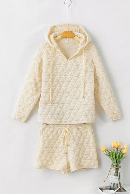 Drawstring Quilted Hooded Top and Shorts Set for Women - Selvanelle