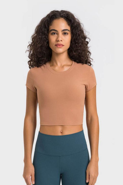 Millennia Round Neck Short Sleeve Cropped Sports T-Shirt - Selvanelle