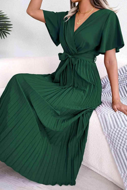 Pleated Flutter Sleeve Belted Dress for Casual Wear - Selvanelle