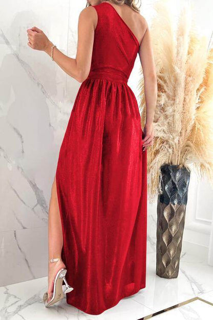 One Shoulder Slit Ruched Maxi Dress for Elegant Style - Selvanelle