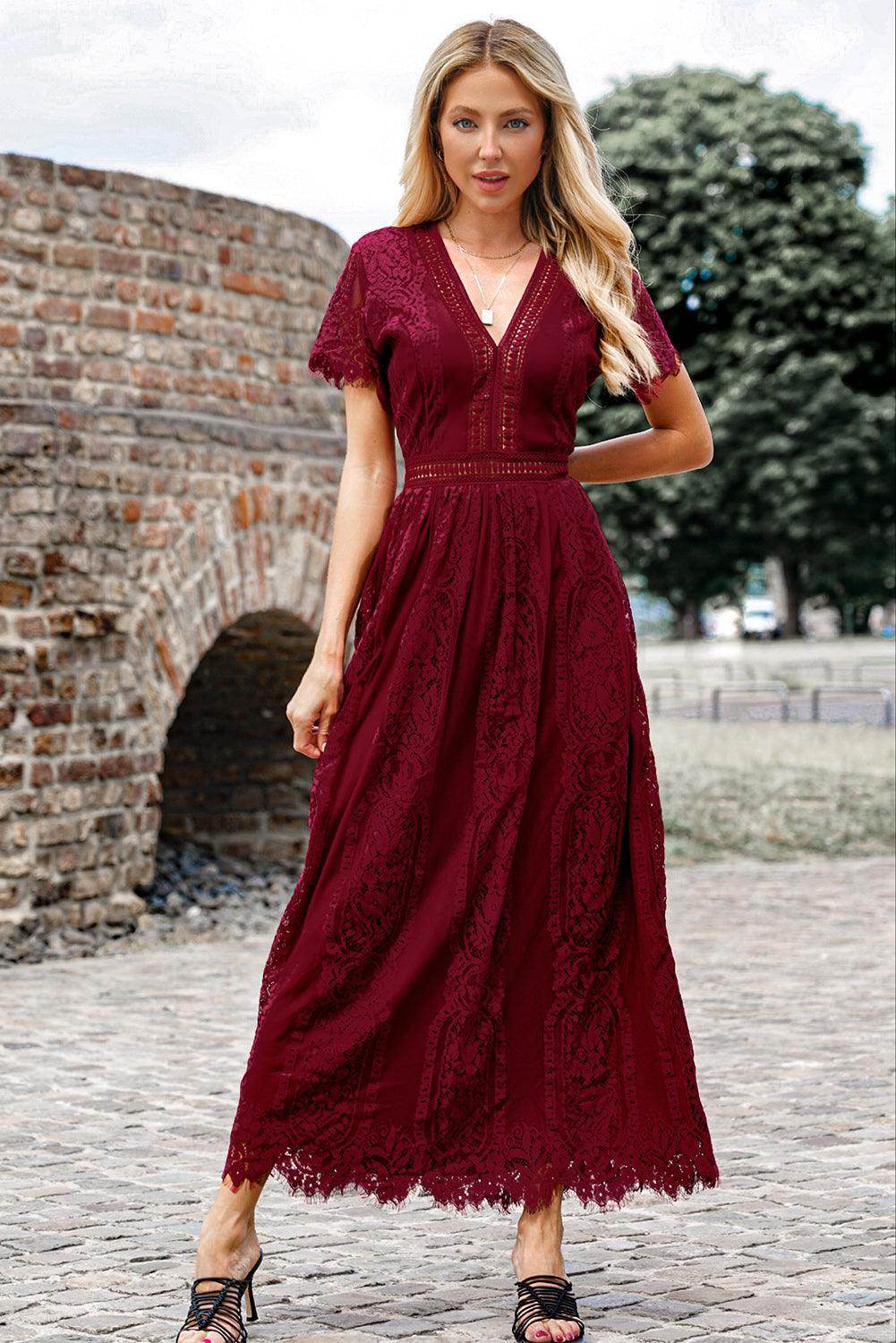 Scalloped Trim Lace Plunge Dress for Elegant Occasions - Selvanelle