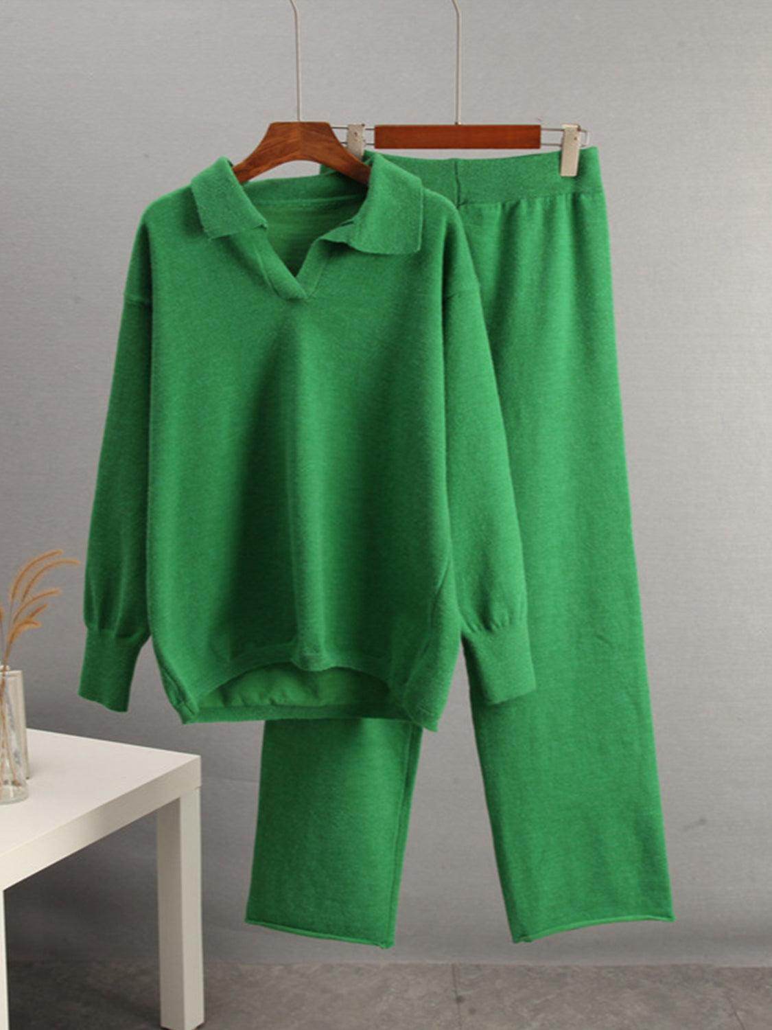 Johnny Collar Long Sleeve Top and Pants Sweater Set Women - Selvanelle