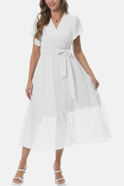 Surplice Neck Flutter Sleeve Tied Dress for Chic Style - Selvanelle