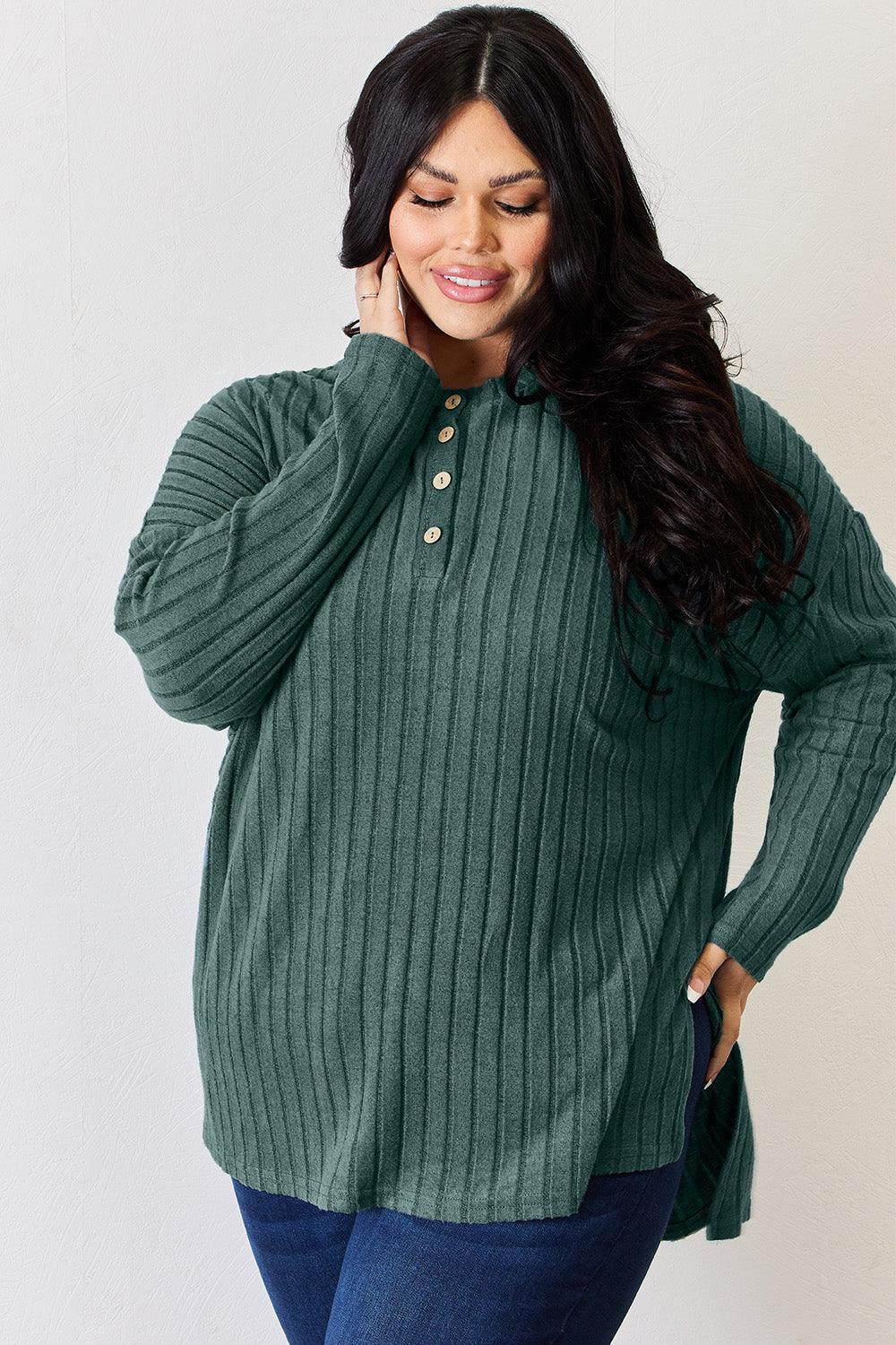 Basic Bae Full Size Ribbed Half Button Long Sleeve T-Shirt