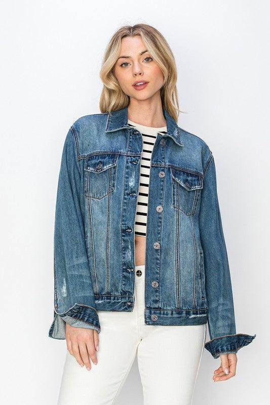 RISEN Full Size Distressed Button Up Jacket for Women - Selvanelle