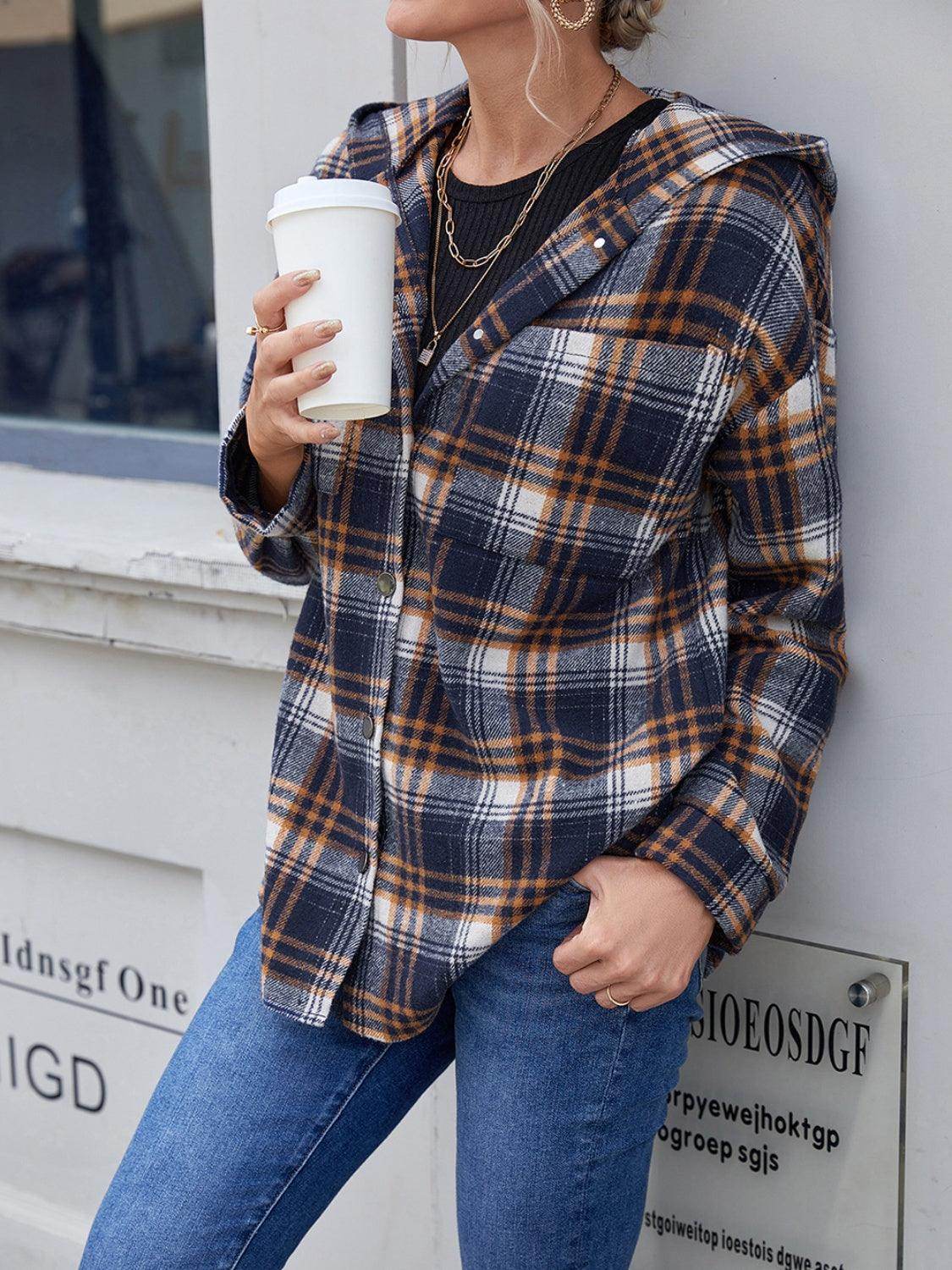 Ivy Lane Plaid Button Up Long Sleeve Hooded Jacket for Women - Selvanelle