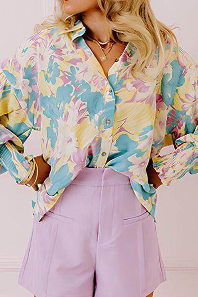 Printed Button Down Lantern Sleeve Shirt for Women - Selvanelle