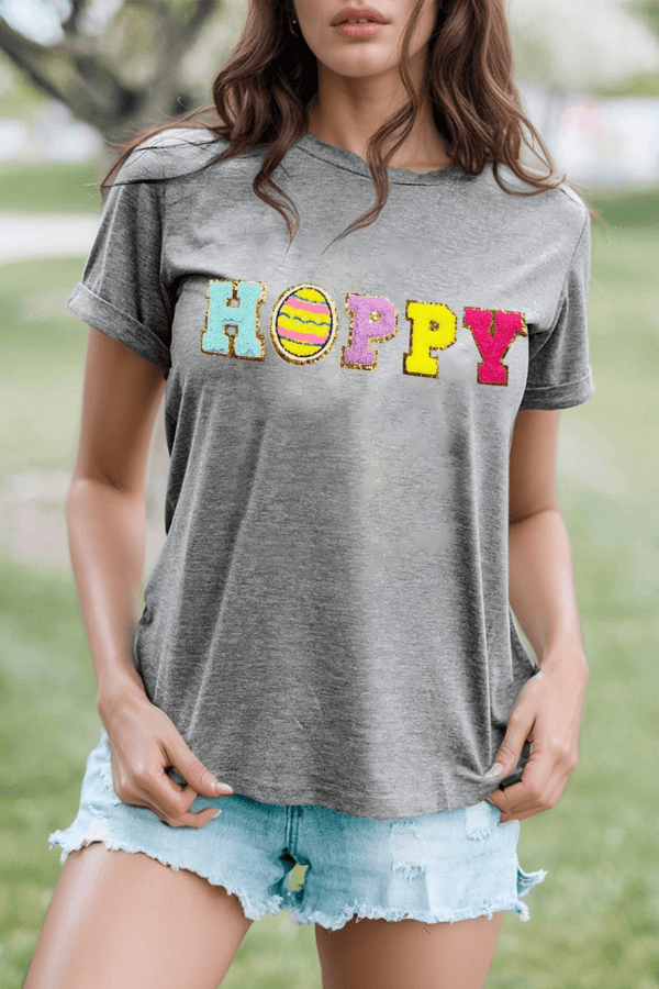 HOPPY Chenille Patch Round Neck Short Sleeve T-Shirt - Selvanelle