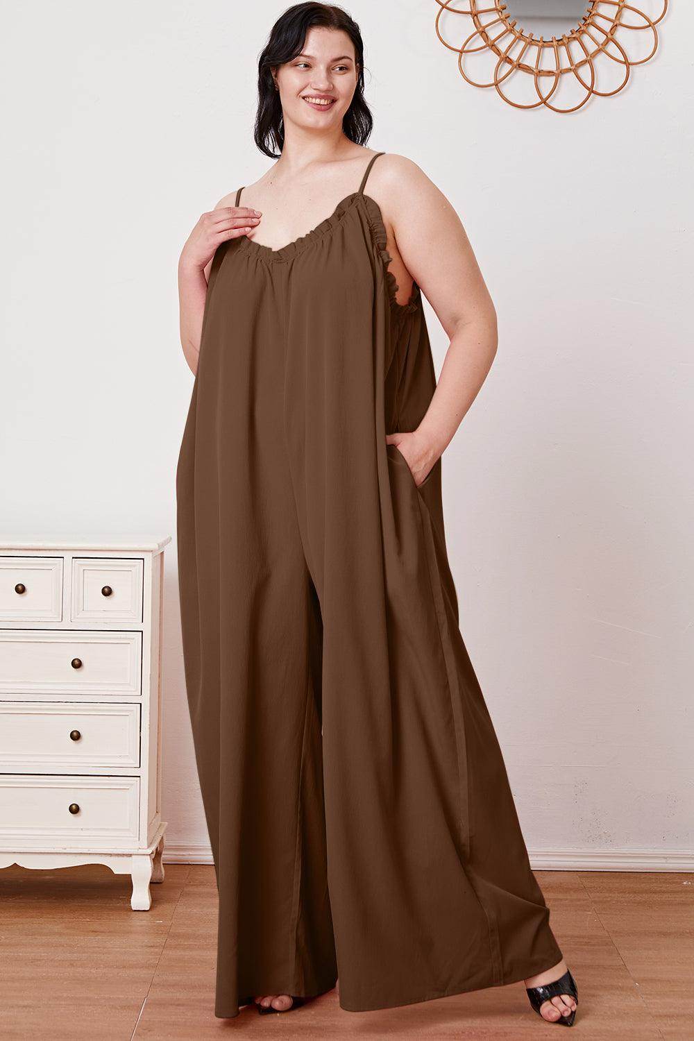 Double Take Full Size Ruffle Trim Tie Back Cami Jumpsuit - Selvanelle