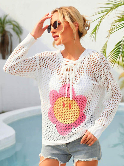 Angel Wings Flower Graphic Lace-Up Openwork Hooded Cover Up - Selvanelle