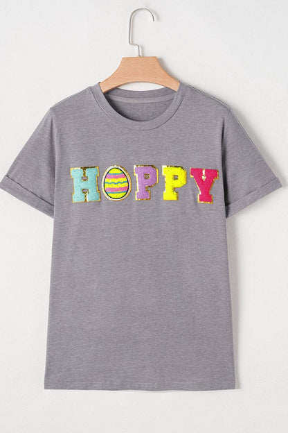 HOPPY Chenille Patch Round Neck Short Sleeve T-Shirt - Selvanelle