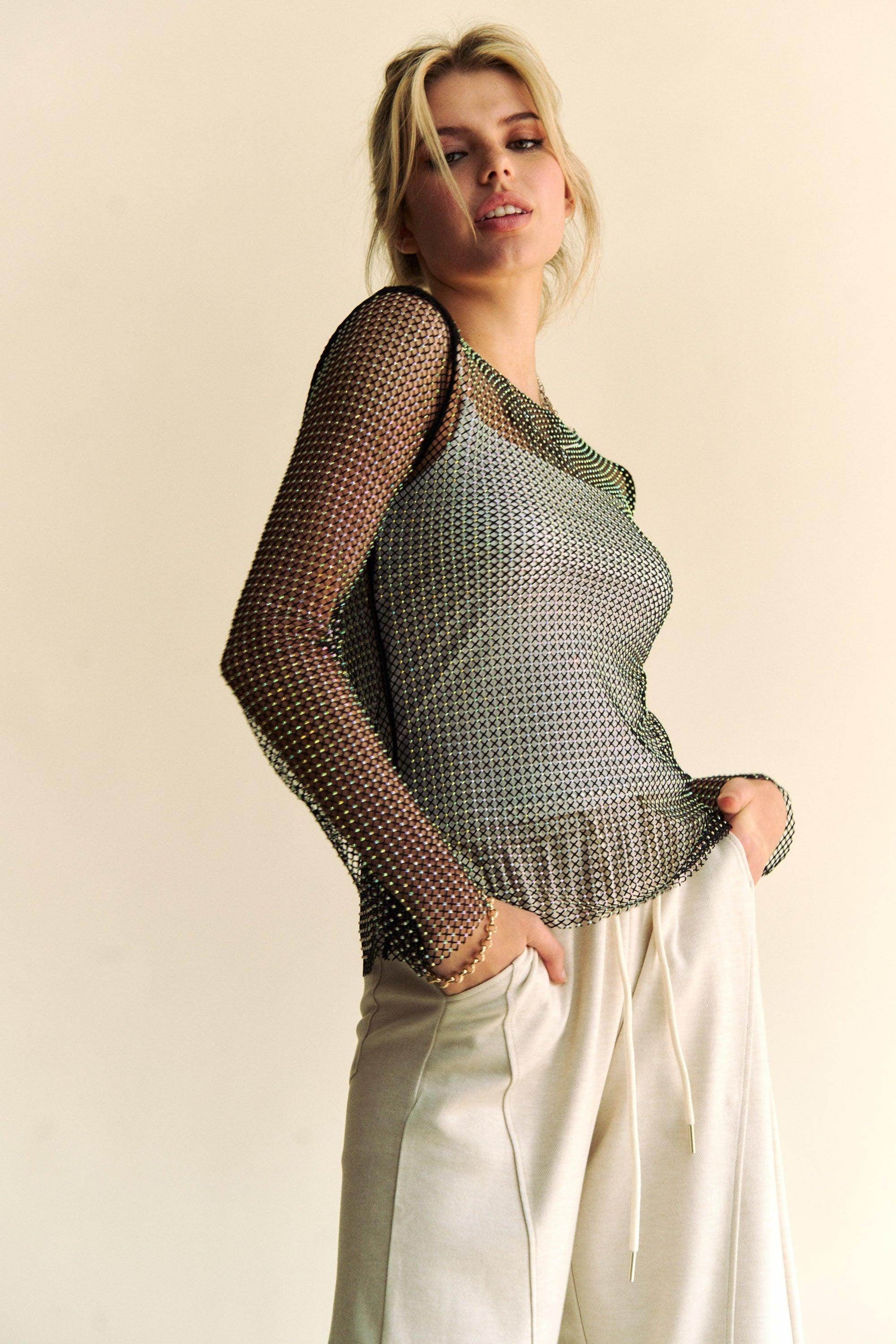 Davi & Dani Sparkling Rhinestone Sheer Mesh Round Neck Top - Selvanelle