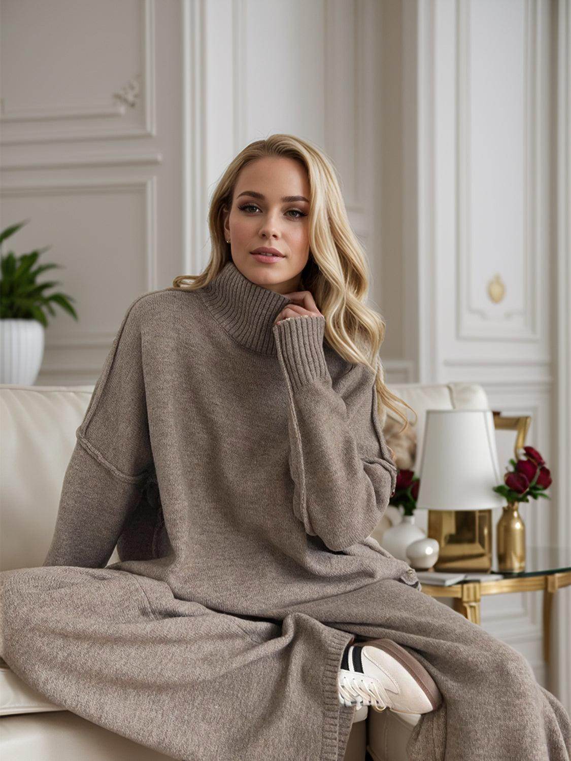 Slit Turtleneck Long Sleeve Top and Pants Sweater Set Outfit - Selvanelle