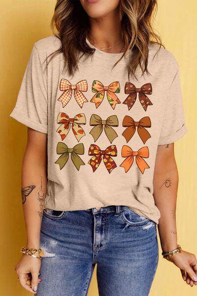 Bow Graphic Round Neck Short Sleeve T-Shirt for Women - Selvanelle