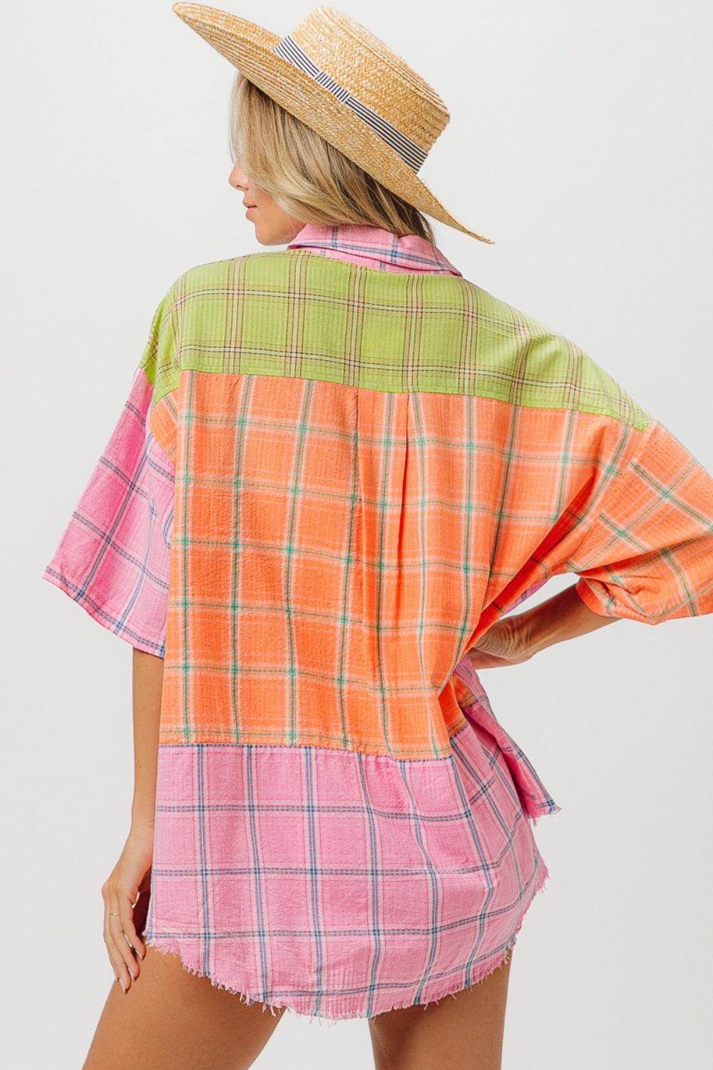 BiBi Plaid Collared Neck Half Sleeve Shirt for Women - Selvanelle