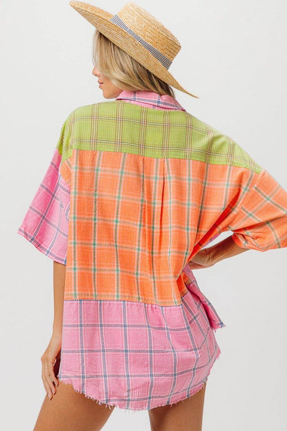 BiBi Plaid Collared Neck Half Sleeve Shirt for Women - Selvanelle