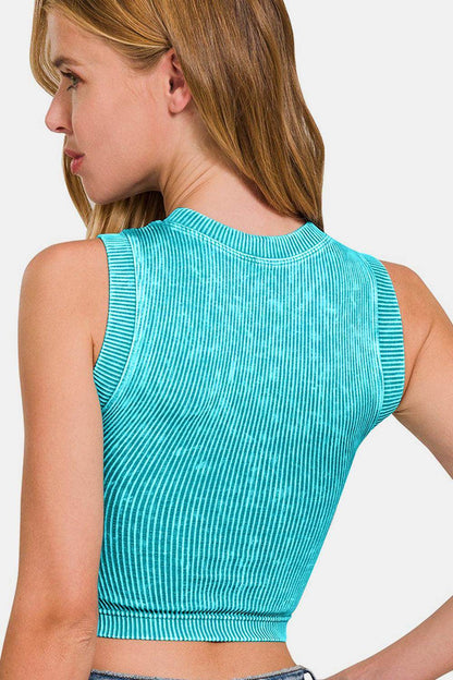 Zenana Washed Ribbed Seamless Crop Tank with Bra Pad - Selvanelle