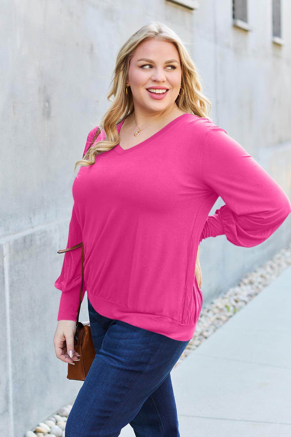 Basic Bae Full Size V-Neck Lantern Sleeve Top for Women - Selvanelle
