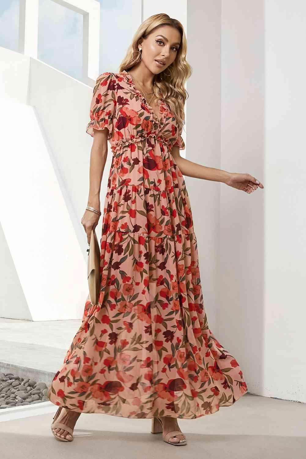 Floral V-Neck Short Flounce Sleeve Dress for Women - Selvanelle