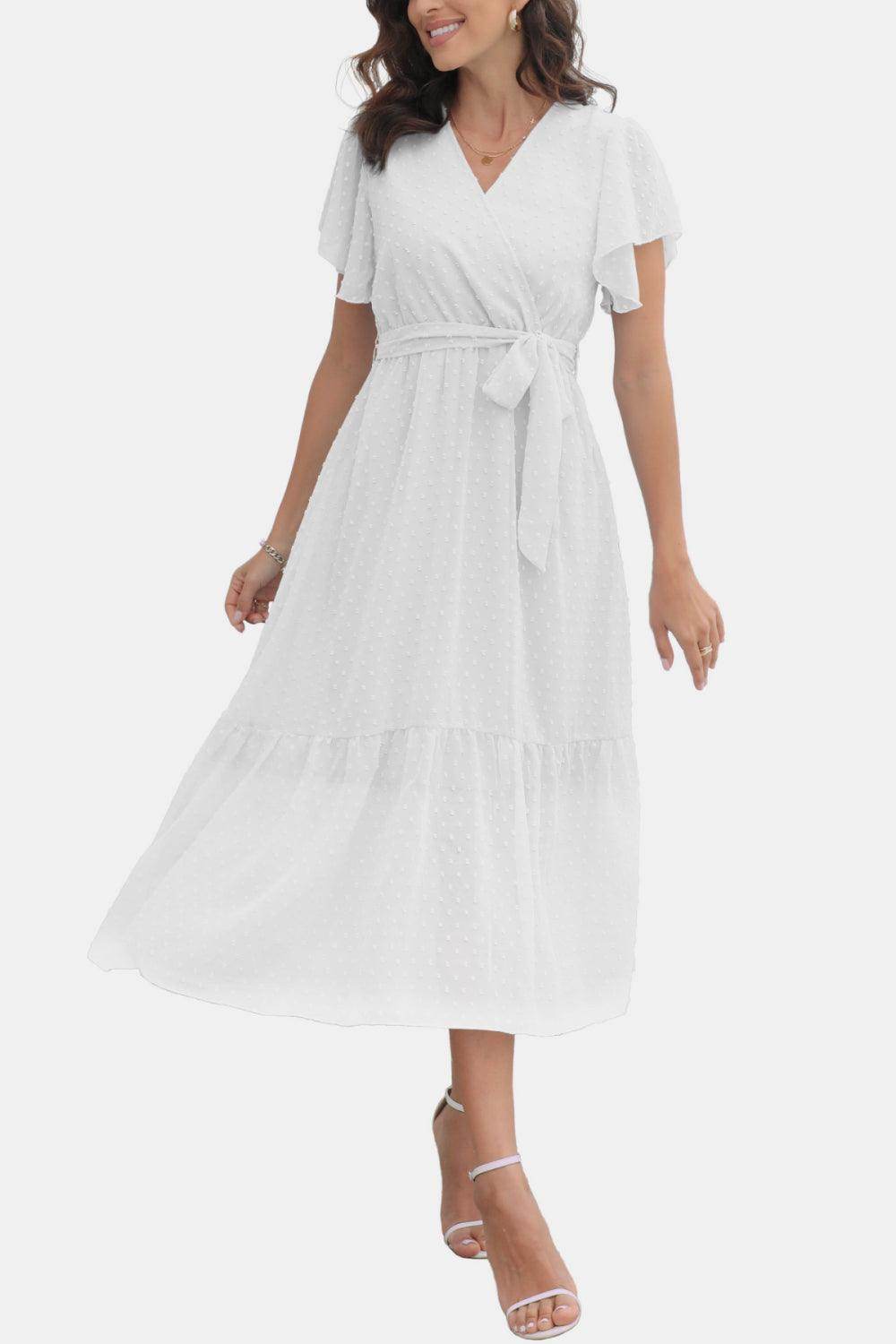 Surplice Neck Flutter Sleeve Tied Dress for Chic Style - Selvanelle