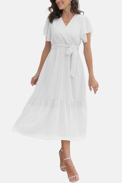 Surplice Neck Flutter Sleeve Tied Dress for Chic Style - Selvanelle