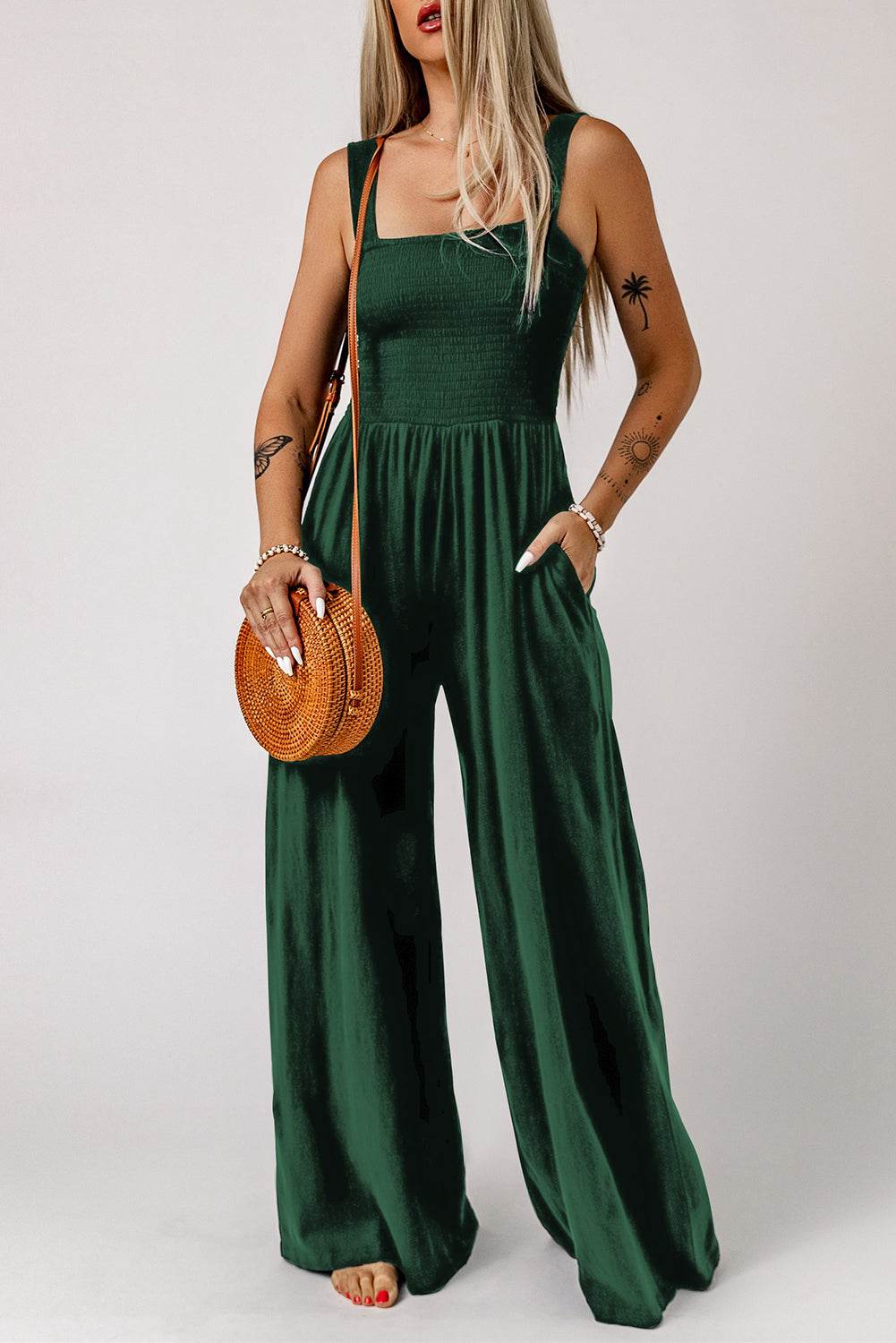 Smocked Square Neck Wide Leg Jumpsuit with Pockets - Selvanelle