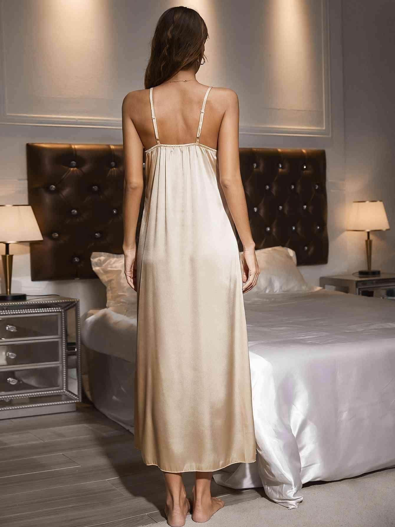 Contrast Lace Trim Spaghetti Strap Split Night Gown for Women - Selvanelle