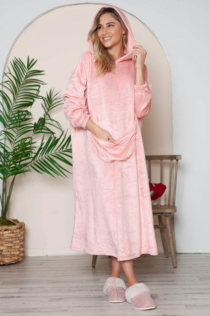 Double Take Full Size Pocketed Hooded Midi Lounge Dress - Selvanelle